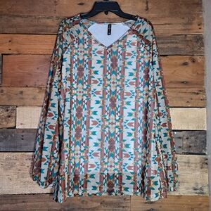 Two‎ Fly Western Aztec Print Blouse size Medium